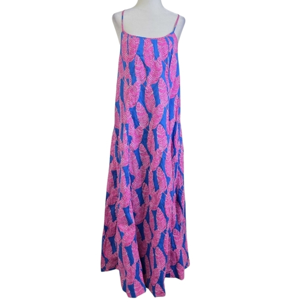 Vineyard Vines criss cross back Pink and Blue Leaf Print Maxi Dress